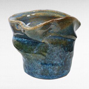 Handmade Blue Asymmetrical Pottery Vase, Signed